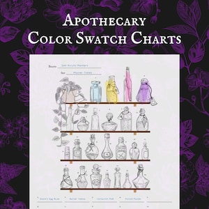 Könnte beinhalten: Apotheken-Farbmusterkarten mit verschiedenen Flaschen und Gläsern in unterschiedlichen Formen und Größen. Der Text "APOTHECARY COLOR SWATCH CHARTS" steht oben. Der untere Teil der Karte enthält Farbbezeichnungen wie "Robin's Egg Blue".