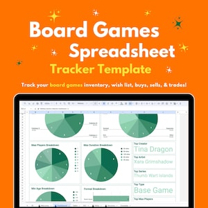 May include: A screenshot of a Google Sheets spreadsheet with a green and white colour scheme. The spreadsheet is titled "Tabletop Games Collection Dashboard" and contains charts and graphs that track board game inventory, wish list, buys, sells, and trades. The charts include data on maximum players, maximum duration, minimum age, and format breakdown.