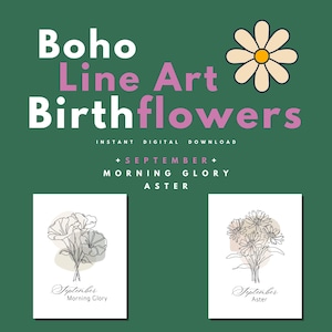 Fleur du mois de naissance PDF, fleurs de naissance de septembre, gloire du matin et aster, dessin numérique de Style bohème botanique, scrapbooking ou art mural PDF
