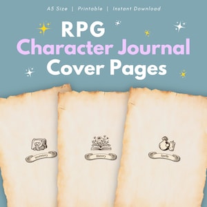 May include: Three printable RPG character journal cover pages with vintage parchment paper texture. The pages feature illustrations of a bag, a book, and a potion bottle with a candle, with the words "Inventory", "History", and "Spells" below each illustration.