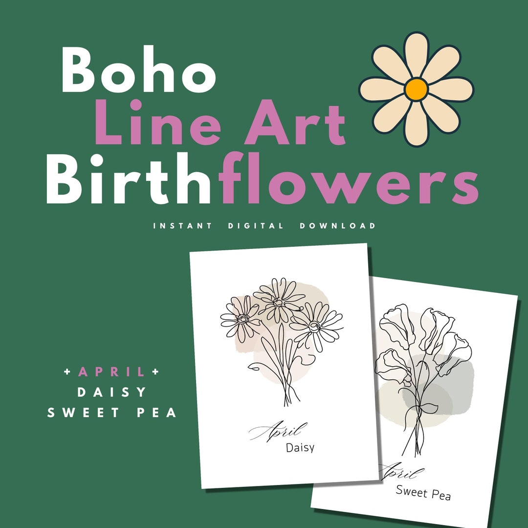 April Birthflower Printable, Daisy and Sweet Pea Bouquet, Boho Line Art ...