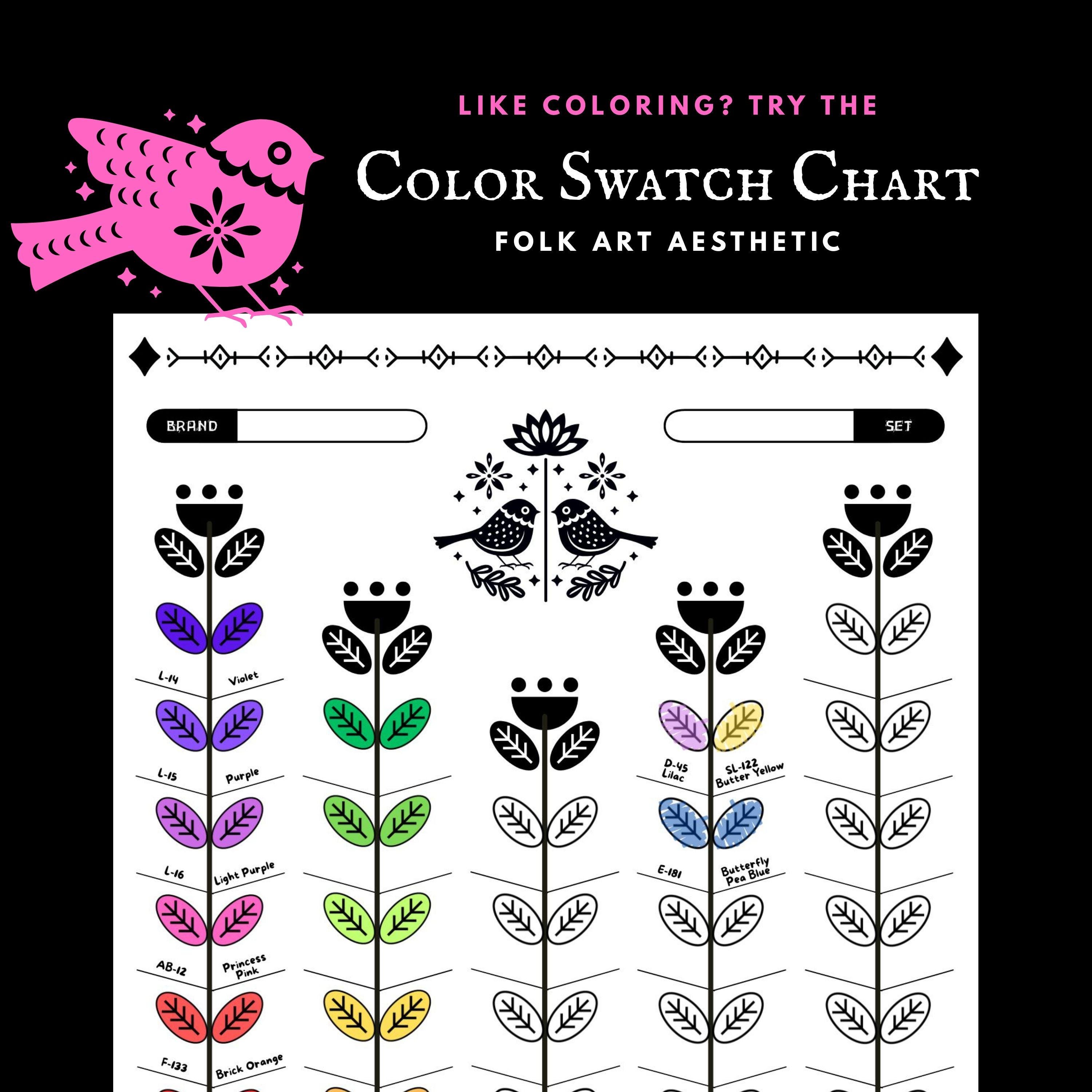 Cute Color Swatch Chart, Printable Blank Palette, Cozy Folk Art Animals, Floral Marker Test Cards, Pen Testing Sheet, Coloring Page Template