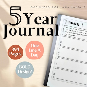 May include: A 5-year journal with 394 pages, optimized for the reMarkable 2 tablet. The journal has a bold design and features one line per day. The image shows a sample page with the date January 1, 2024, and a journal entry.
