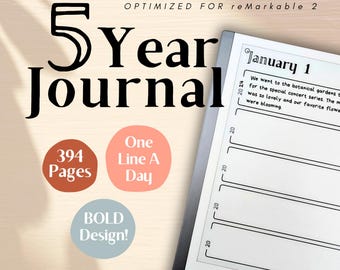 Five Year Journal for reMarkable 2, Write One Line a Day Notebook, Minimalist Aesthetic, Journal or Diary for 5 Years, Gift for Writers