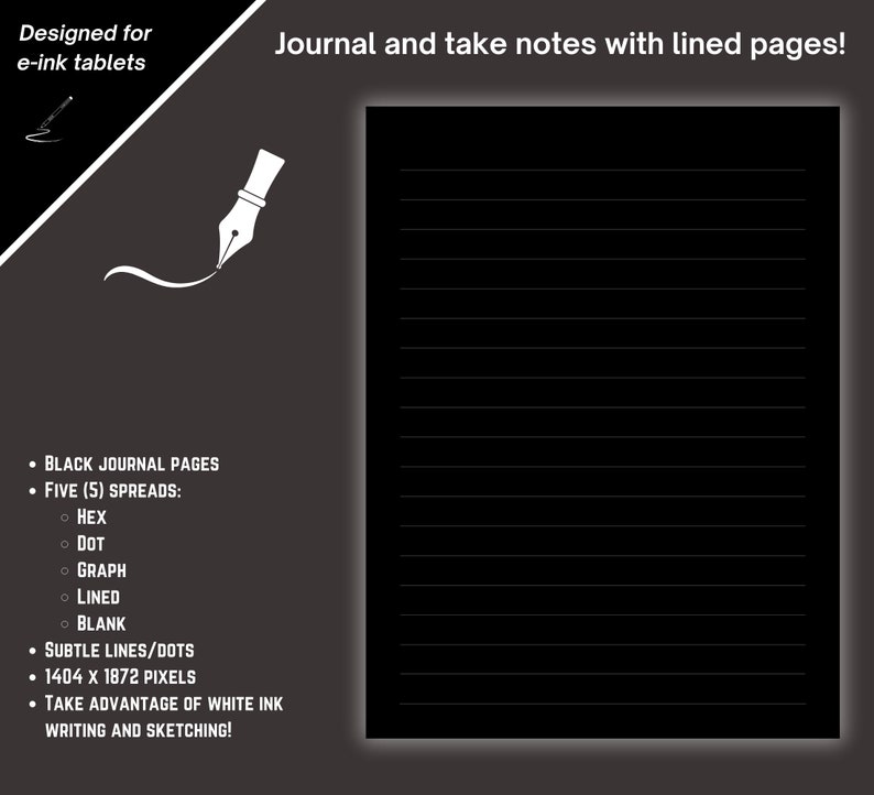 Journal or take note with lined pages. Subtle lines. 1404 x 1872 pixels. Take advantage of white ink writing and sketching on your e-ink tablets.