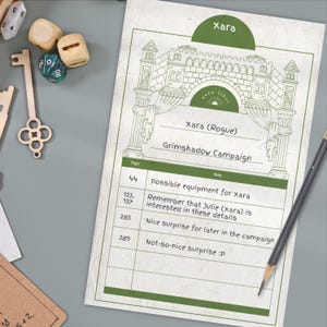 Könnte beinhalten: Ein grünes und weißes druckbares Charakterblatt für ein Rollenspiel. Das Blatt ist mit "Xara (Rogue)" und "Grimshadow Campaign" betitelt. Das Blatt enthält eine Tabelle mit den Überschriften "Seite" und "Notiz". Die Tabelle listet mögliche Ausrüstung für den Charakter Xara auf, darunter eine "Schöne Überraschung" und eine "Nicht so schöne Überraschung".