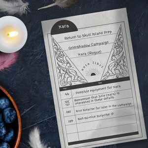 Könnte beinhalten: Eine detaillierte Seite aus einem Tabletop-Rollenspiel mit dem Namen "Xara" oben. Die Seite enthält Notizen zu einer Kampagne mit Text wie "Return to Skull Island Prep" und "Grimshadow Campaign."