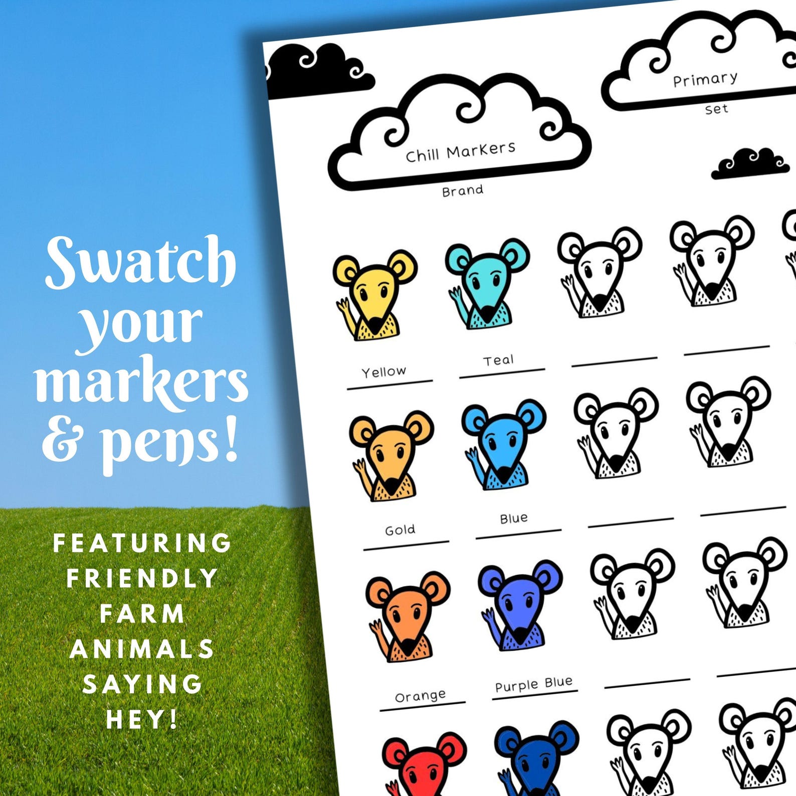 Color Swatch Pages With Cute Farm Animals for Marker and Pen Testing ...