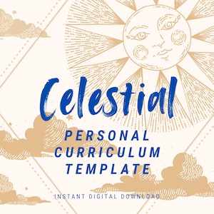 May include: A digital resume template with a celestial theme. The design features a sun with a face, clouds, and the word "Celestial" in blue script. The text "Personal Curriculum Template" is also included.