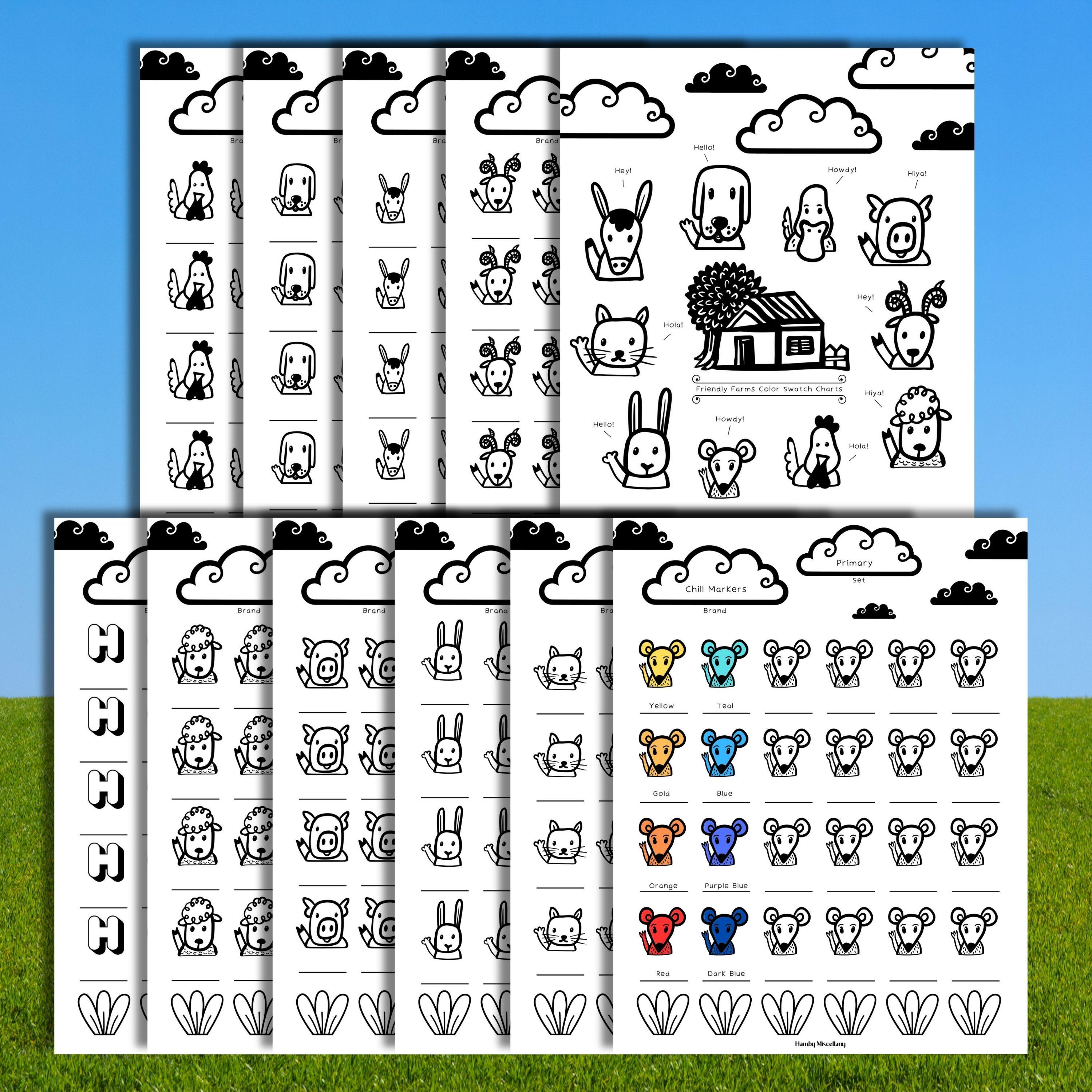 Color Swatch Pages With Cute Farm Animals for Marker and Pen Testing ...