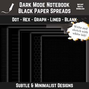 May include: Five black digital paper spreads with different patterns: dot grid, hex grid, graph paper, lined paper, and blank. The text "DARK MODE NOTEBOOK BLACK PAPER SPREADS" is at the top of the image. The text "DOT - HEX - GRAPH - LINED - BLANK" is below the paper spreads. The text "SUBTLE & MINIMALIST DESIGNS" is at the bottom of the image.