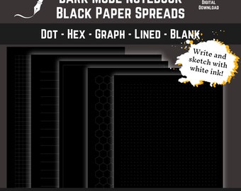 Dark Mode Digital Notebook, Black Paper Spread for e-Ink Tablet, Dot Grid, Hex Layout, Graph Lined, Blank Page Template Stationery Set