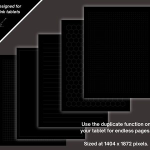 All five spreads are seen on this page. Sized at 1404 x 1872 for e-ink tablets. Subtle and minimalist design to mimic dark mode on your device. Use the duplicate function to create endless pages.