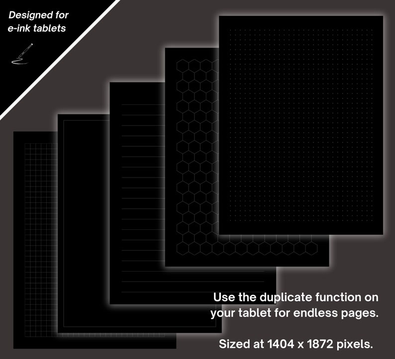 All five spreads are seen on this page. Sized at 1404 x 1872 for e-ink tablets. Subtle and minimalist design to mimic dark mode on your device. Use the duplicate function to create endless pages.