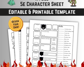 Op de afbeelding: Een printbare Dungeons and Dragons-personageblad sjabloon in zwart-wit. De sjabloon bevat secties voor personage naam, klasse, ras, vaardigheidsscores, vaardigheden, reddingsworpen en meer. De sjabloon is ontworpen voor gebruik met de 5e editie van Dungeons and Dragons.