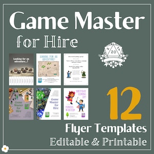 Può includere: Dodici modelli di volantini stampabili per un game master da assumere. I volantini presentano una varietà di design, tra cui una mappa, un dado e un tema di festa di compleanno. Il testo sui volantini dice "Game Master for Hire" e "Heroes Wanted".