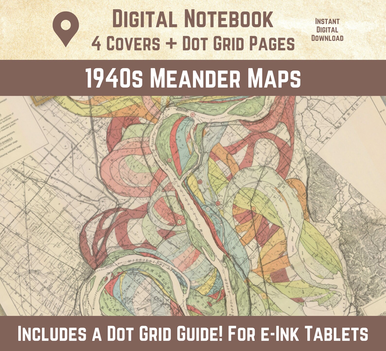 Dot Grid Notebook With 1940s Meander Map Covers, for E-ink Tablets ...