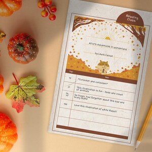 May include: A printable reading log with an autumnal theme. The log is titled "Reading Class" and features a whimsical illustration of a hamster reading a book in a woodland setting. The log includes a list of pages and notes for the book "Alice's Adventures in Wonderland" by Lewis Carroll.