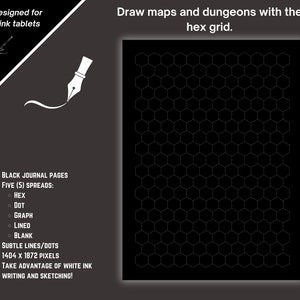 Make maps and dungeons with the hex grid. 1404 x 1872 pixels. Take advantage of white ink writing and sketching on your e-ink tablets.