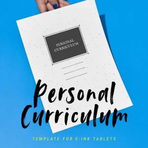 Puede incluir: Un documento blanco con las palabras "Personal Curriculum" en una escritura negra y audaz. El documento tiene un cuadro gris oscuro con las palabras "Personal Curriculum" en su interior. El texto "TEMPLATE FOR E-INK TABLETS" está en la parte inferior.