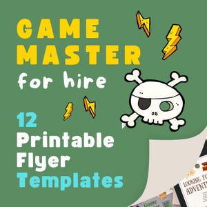 以下が含まれることがあります： 緑色の背景に、黄色と青色の「GAME MASTER for hire」というテキストが表示されています。テキストの下には、青色の「12」という数字と、白と青色の「Printable Flyer Templates」というテキストが表示されています。画像の右側には、眼帯と十字架の骨を持つ漫画の頭蓋骨があります。画像の周りに黄色い稲妻が散らばっています。