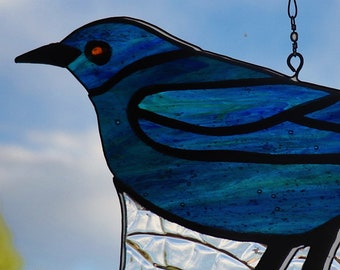 Blue/Black Bird Art Glass, Stained Glass, SunCatcher