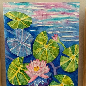 Waterlily Pond, Original, Colorful Watercolor, 9 x 12, Mounted Fine Art, Birch wood Panel, Ready to Display, Art wax seal, Not a print