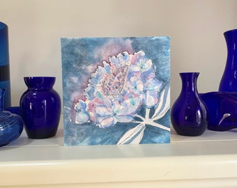 Purple Hydrangea, Original, Watercolor, 8 x 8, Mounted on Birch Wood, Ready to Display, Art Wax Seal Protects Vibrant Artwork, Not a print