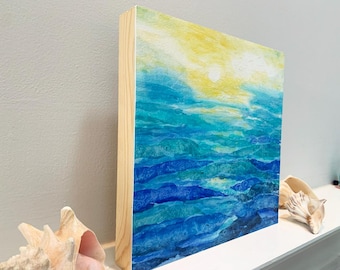 Abstrakcyjne fale oceanu, oryginał, akwarela, 12 x 12, oprawiona sztuka, panel z drewna brzozowego, gotowy do ekspozycji, pieczęć lakowa, nie jest wydrukiem