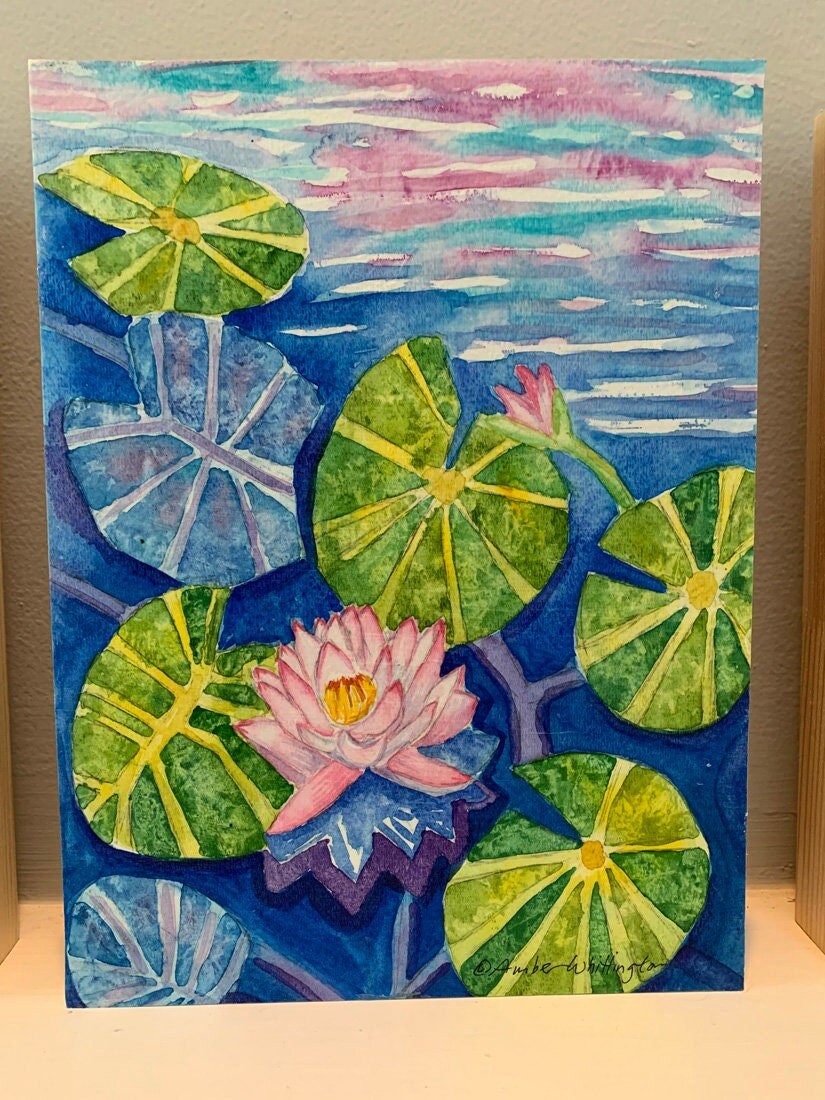 Staw z liliami wodnymi, Oryginał, Kolorowa akwarela, 9 x 12, Oprawione dzieło sztuki, Panel z drewna brzozowego, Gotowe do ekspozycji, Pieczęć lakowa, Nie jest to wydruk