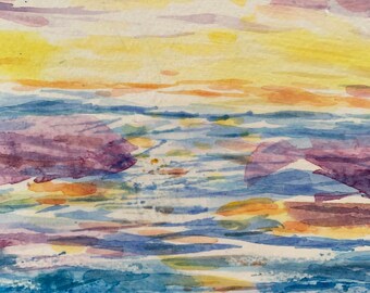 Żywy zachód słońca nad morzem, oryginał, akwarela, 9 x 12 cali, ciepły zachód słońca z fioletowymi akcentami, oprawiony obraz artystyczny, gotowy do ekspozycji