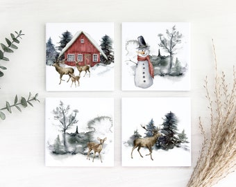 Watercolor Christmas Coaster Set | Absorbent Ceramic Stone, Holiday Decor