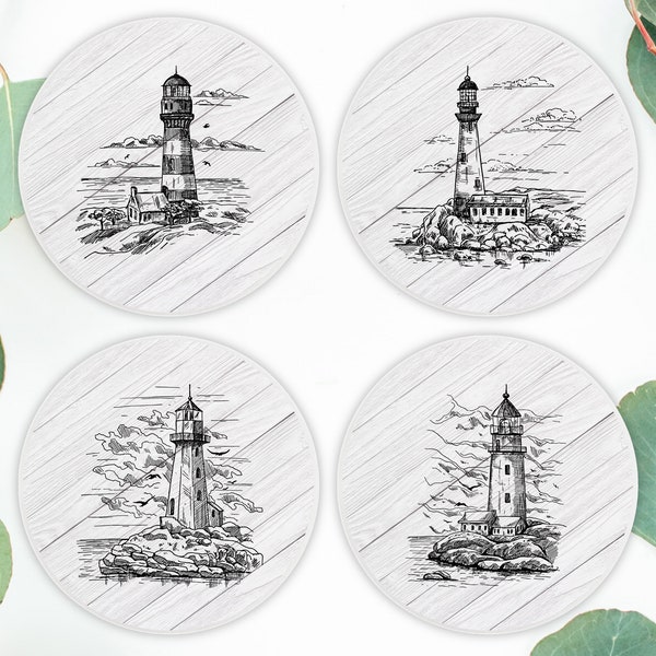 Vintage Lighthouse Stone Coaster Set of 4 | Lighthouse Lover | Tile Coasters | Lighthouse Decor | Beach Decor | Coastal Nautical Theme