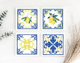 Lemon Tile Coaster Set, Mediterranean Absorbent Ceramic, Set of 4
