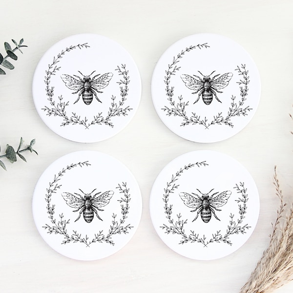 Bee Coaster Set | Absorbent Ceramic Stone, Cork Back (Set of 4)