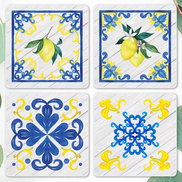 Mediterranean, Italian, Greek, Moroccan Tile Coaster Set of 4 |  Talavera Tile Coasters | lemon Coasters