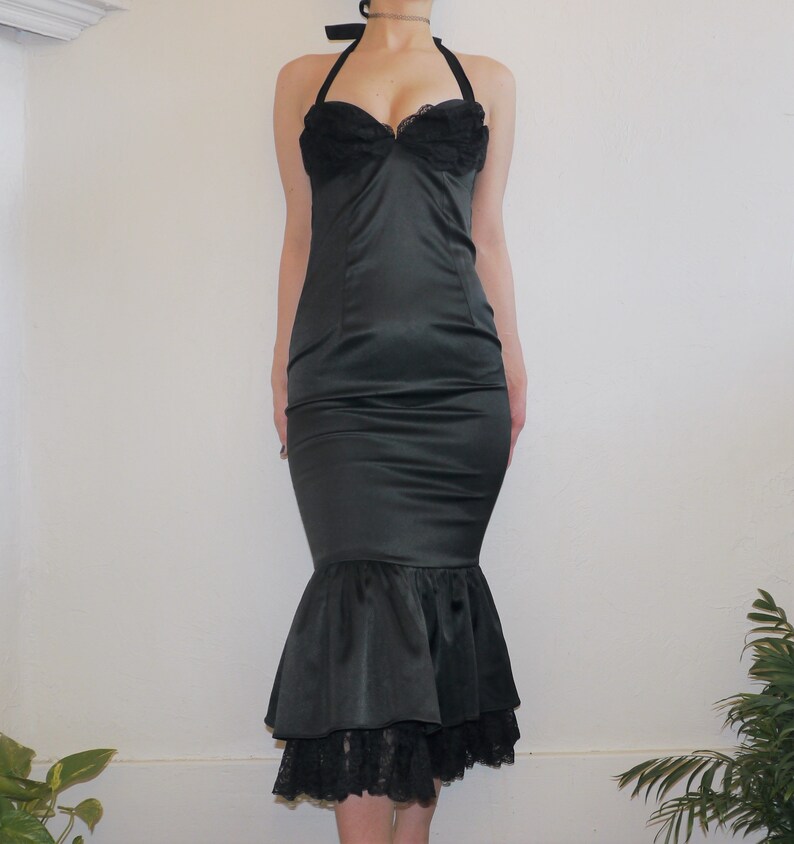 and Layered Tulle Bottom Rare Dixiefried Pinup Couture Black Satin Mermaid Curve Enhancing Wiggle Dress with Halter Tie Top Lace Cups