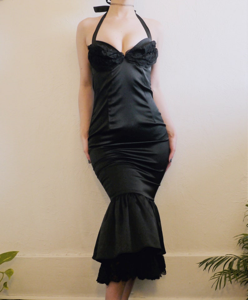 and Layered Tulle Bottom Rare Dixiefried Pinup Couture Black Satin Mermaid Curve Enhancing Wiggle Dress with Halter Tie Top Lace Cups