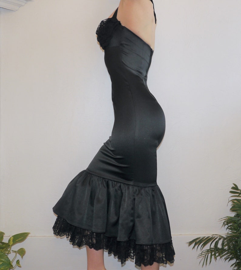and Layered Tulle Bottom Rare Dixiefried Pinup Couture Black Satin Mermaid Curve Enhancing Wiggle Dress with Halter Tie Top Lace Cups