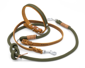 Halsband und Leine von Rudelwohl "FOREST" / Hundehalsband, Hundeleine oder Set aus Kletterseil und Leder