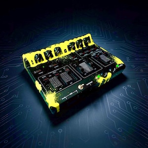 May include: A black audio mixer console featuring a bright yellow paint splatter design across the top surface. The device includes multiple vertical sliders, rotary knobs, a headphone toggle switch, and printed labels including Stereo Audio Mixer.
