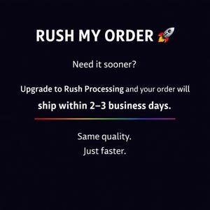 Puede incluir: Gráfico azul oscuro con texto blanco que dice "RUSH MY ORDER" con un icono de cohete. El texto continúa con "Need it sooner?" y "Upgrade to Rush Processing and your order will ship within 2-3 business days."