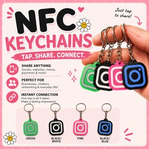 Może przedstawiać: Breloki NFC w kolorach zielonym, czarnym/białym, różowym i czarnym/niebieskim. Każdy brelok ma logo Instagram. Tekst na zdjęciu brzmi "TAP. SHARE. CONNECT."