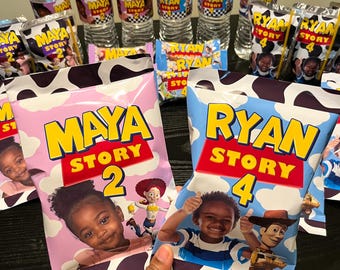 Personalized Twin Birthday Party Favors | Toy Story Theme Water Labels, Chip Bags