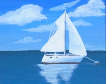 Original Sailboat Painting, Coastal Seascape Art, 6x6 Canvas