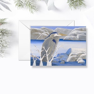 Carte de voeux de Noël et des fêtes, oiseau d'hiver // « Great Blue Heron » par Jacquie Clay. Cape Cod, Massachusetts