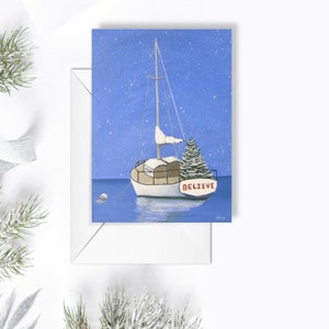 Carte de voeux pour Noël et les fêtes de fin d'année // « Hopeful Sailboat » de Jacquie Clay. Cape Cod, Massachusetts