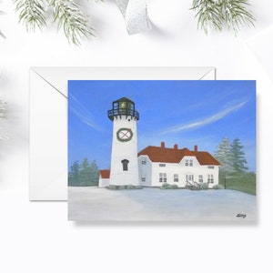 Cape Cod Lighthouse Holiday, carte de voeux de Noël// « Chatham Lighthouse Holiday Splendor » par Jacquie Clay