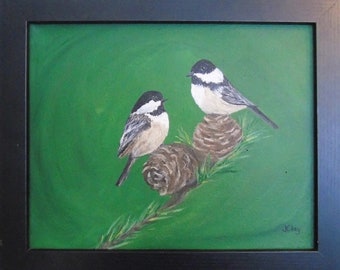 Black Capped Chickadee, Acrylic Painting Original, Chickadee Bird, Bird Lover Gift -"Black Capped Chickadees" 8x10 by Jacquie Clay