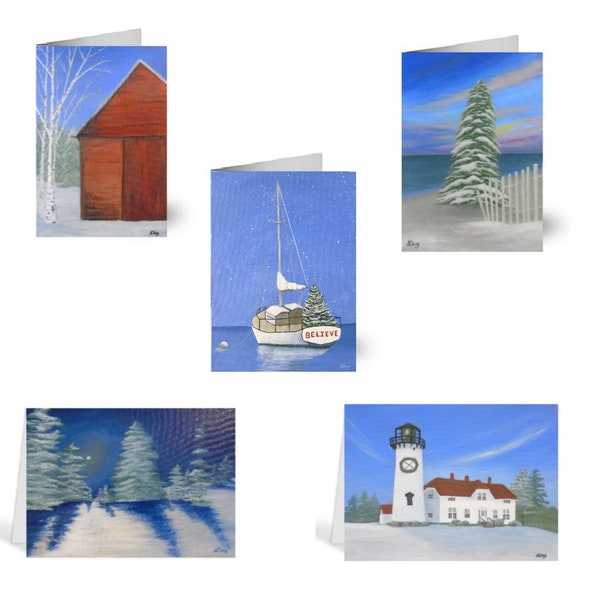 Christmas and Holiday Greeting Card Bundle Set, Assorted Pack of 10 Cape Cod & New England Themed Cards by Jacquie Clay